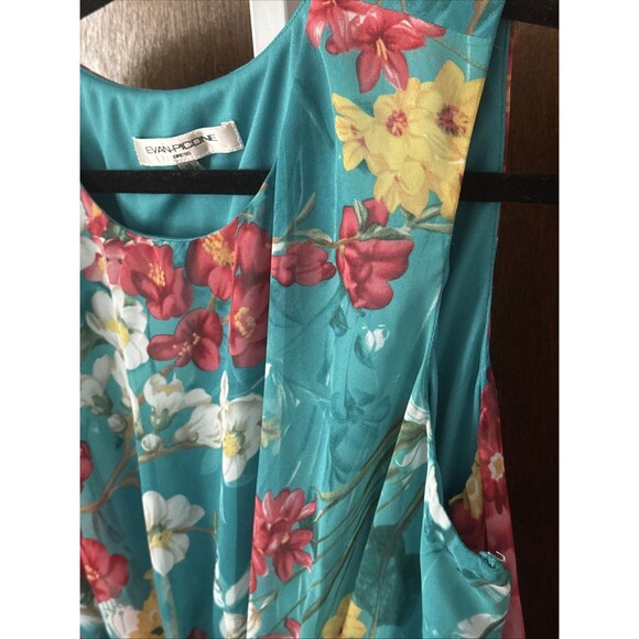 Evan Picone Lined Side Zip Dress Floral Teal Pockets Gathered Waist Size 14 - Picture 6 of 10